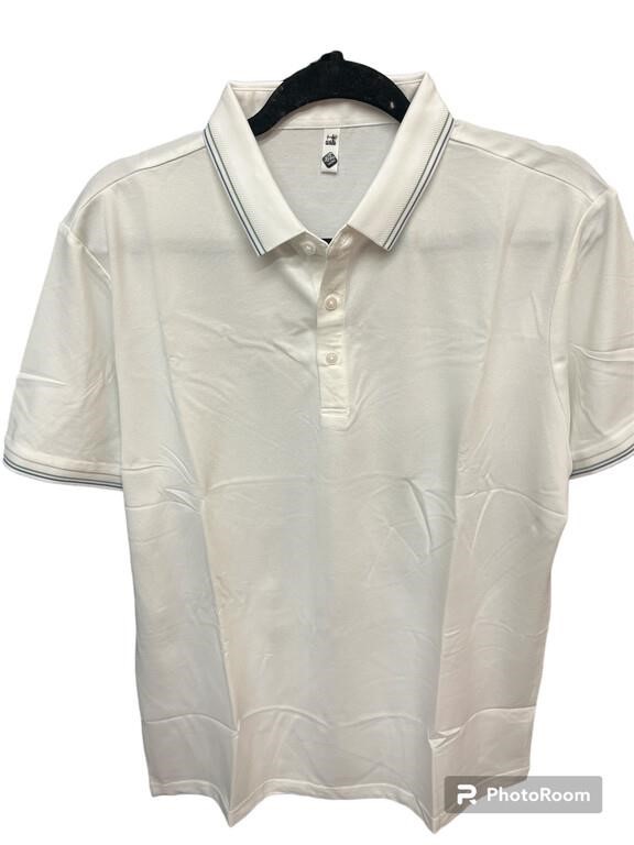 White Polo Shirt , Small Blue Stripped Collar . S