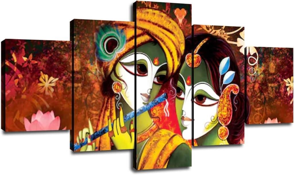 Red Radha Krishna Classic Painting, 5 Panels (60'